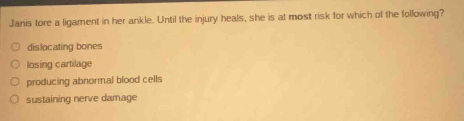 janis tore a ligament in her ankle. until the injury heals, she is at m…