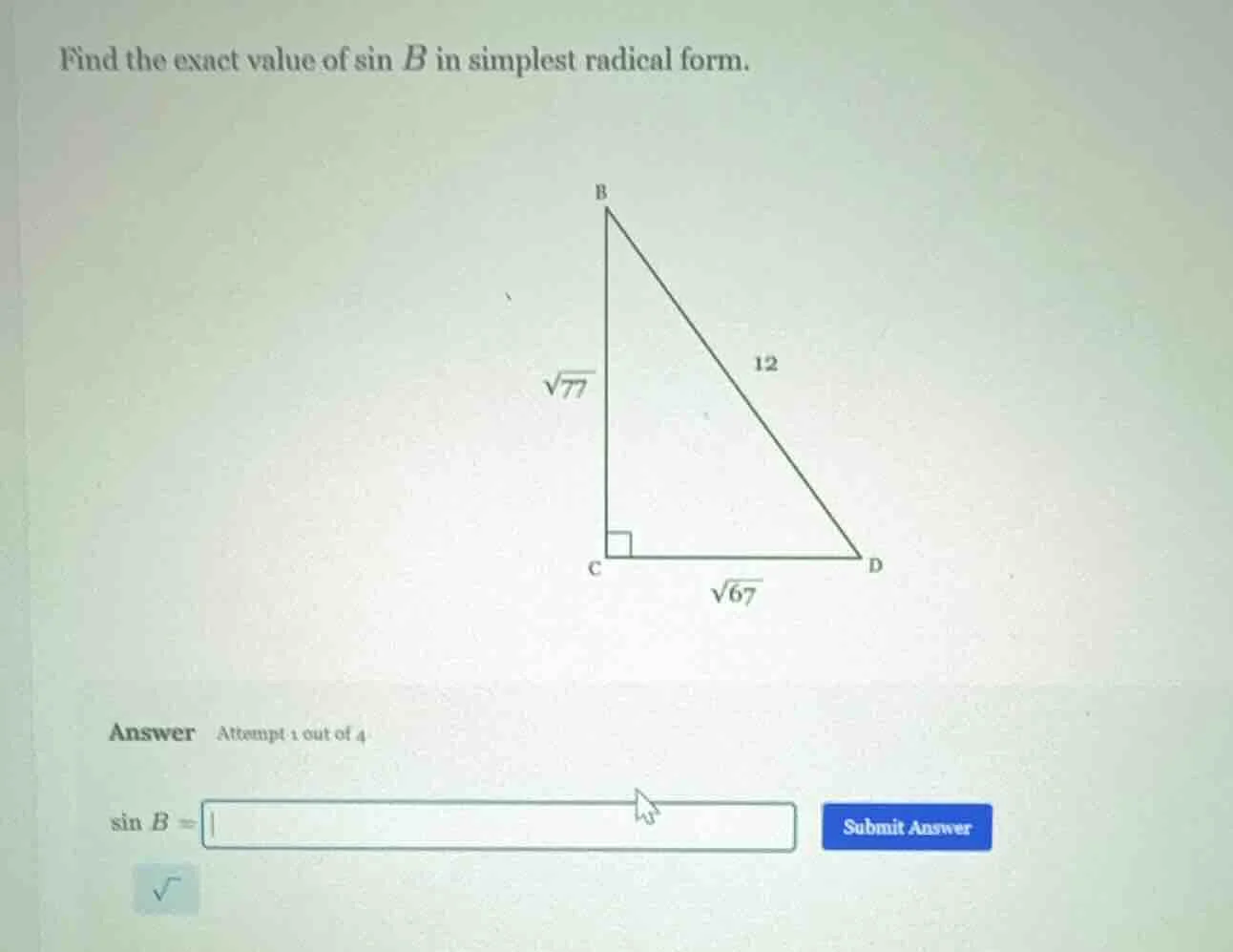 find the exact value of \\(\\sin b\\) in simplest radical form. answer …