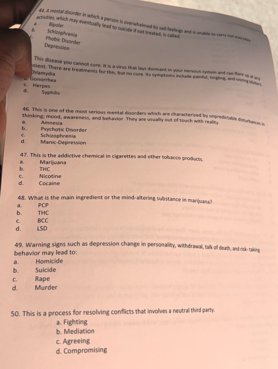 44. a mental disorder in which a person is overwhelmed by sad feelings …