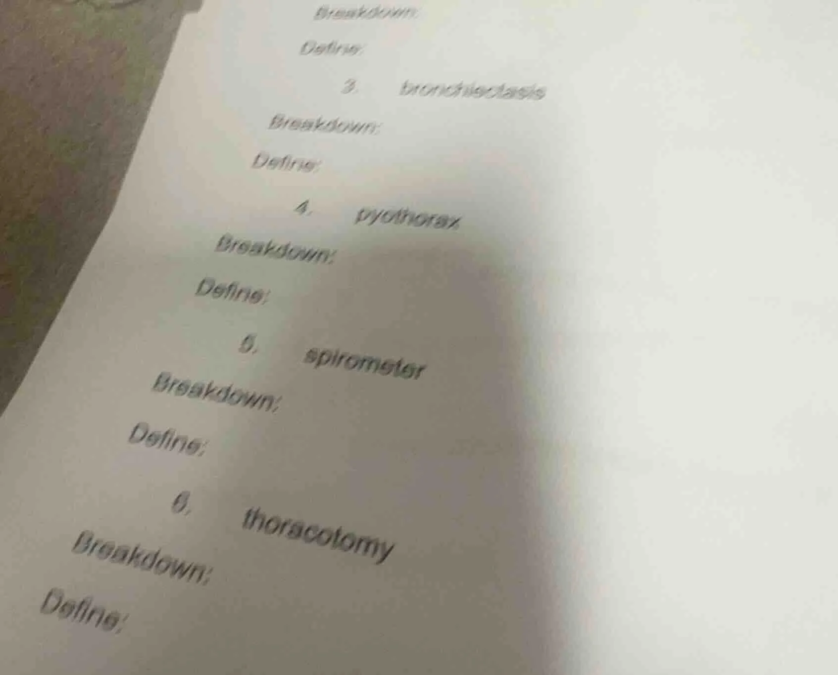 breakdown: define: 3. bronchiectasis breakdown: define: 4. pyothorax br…
