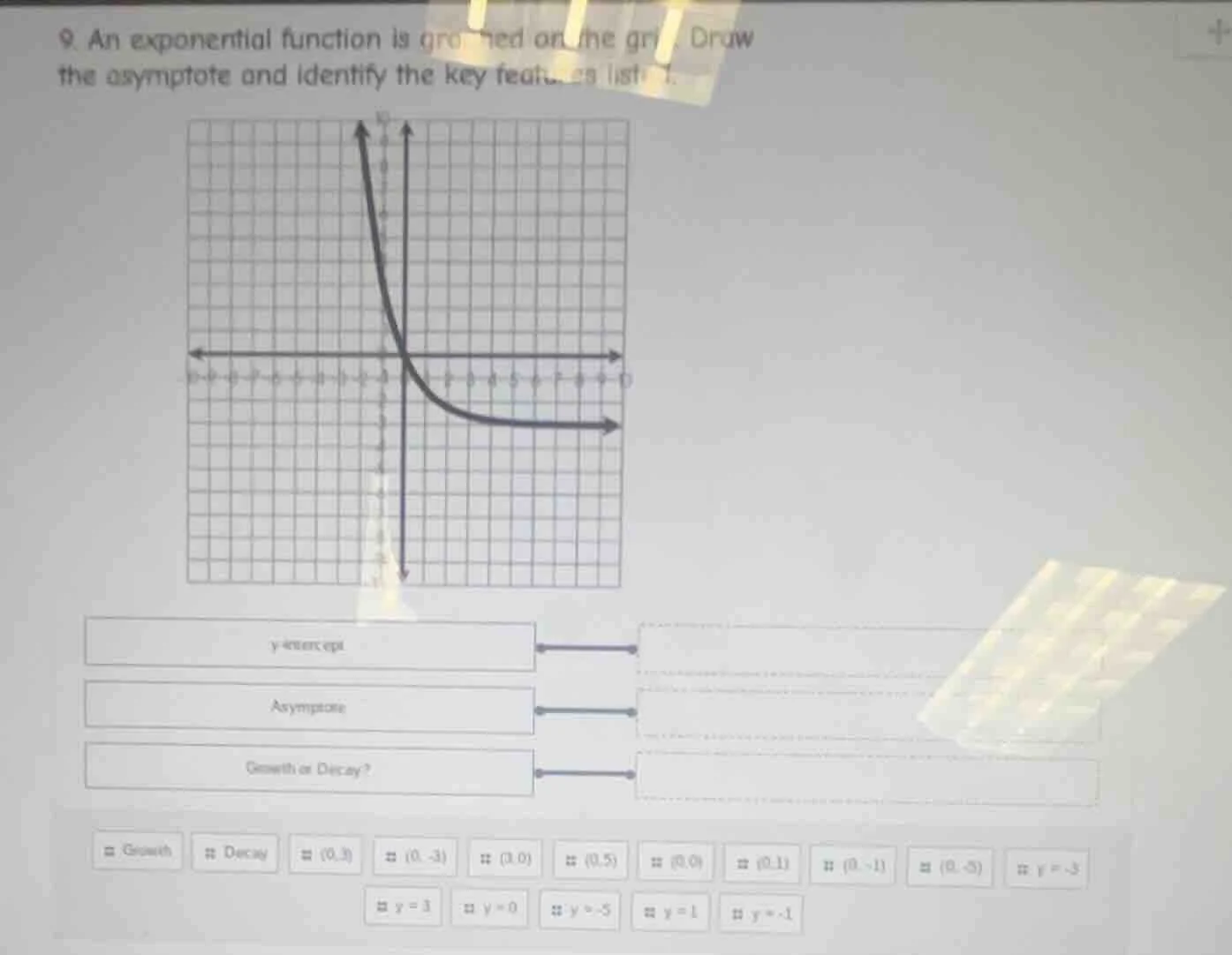 9. an exponential function is graphed on the grid. draw the asymptote a…