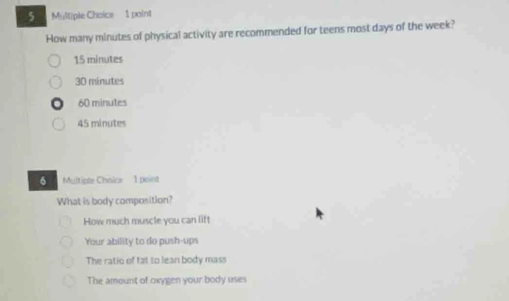 5 multiple choice 1 point how many minutes of physical activity are rec…