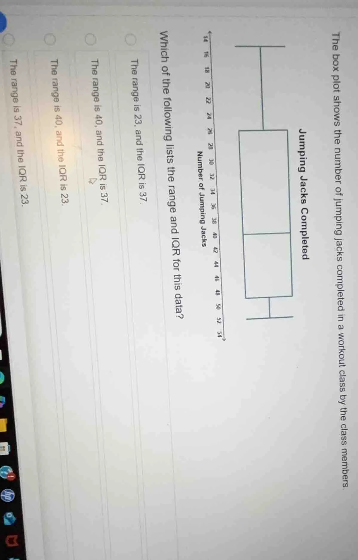 the box plot shows the number of jumping jacks completed in a workout c…