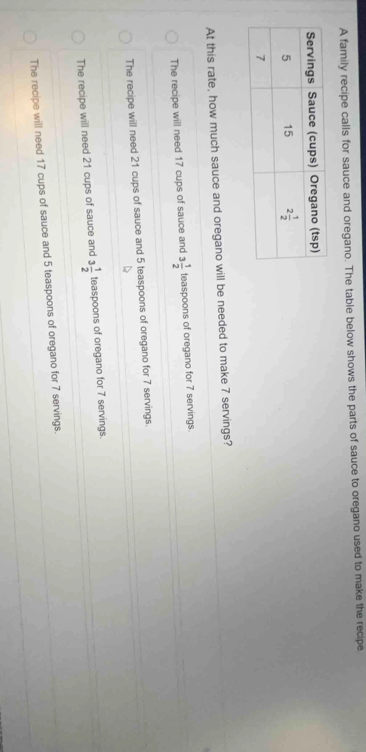 a family recipe calls for sauce and oregano. the table below shows the …