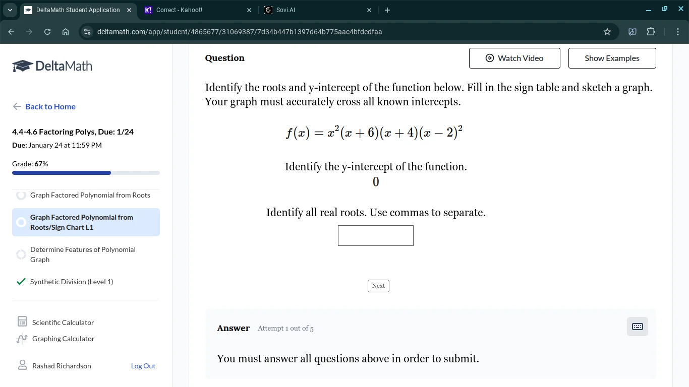 identify the roots and y-intercept of the function below. fill in the s…