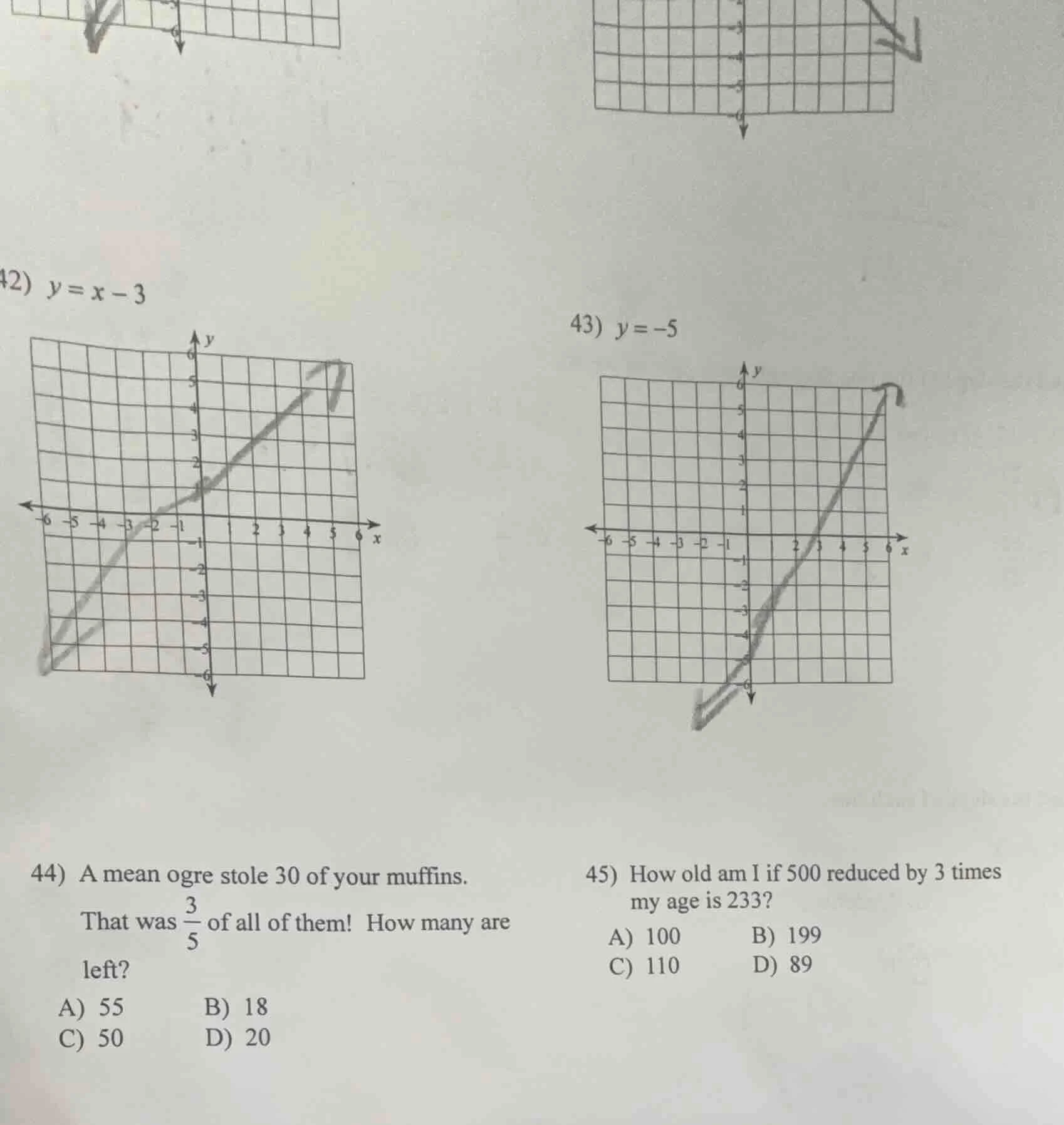 42) $y = x - 3$ 43) $y = -5$ 44) a mean ogre stole 30 of your muffins. …