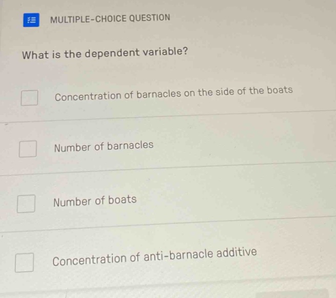 multiple-choice question what is the dependent variable? concentration …