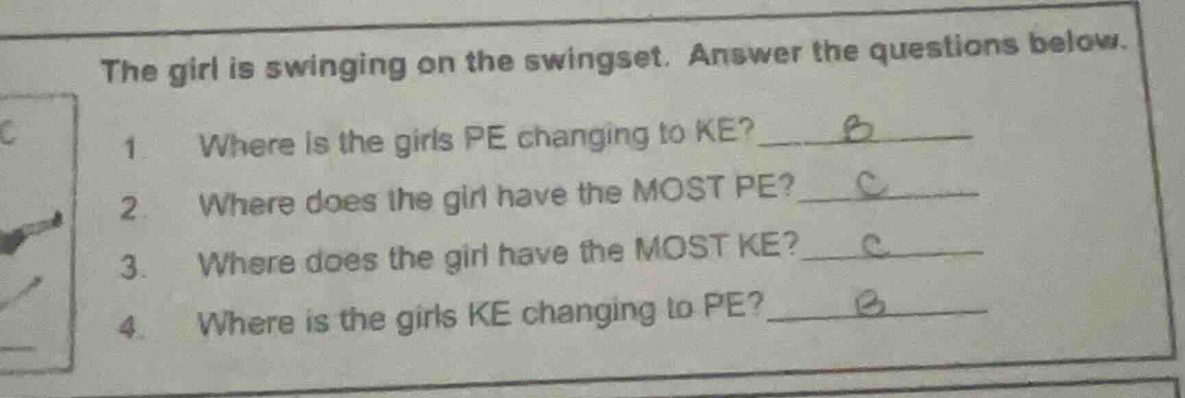 the girl is swinging on the swingset. answer the questions below. 1. wh…