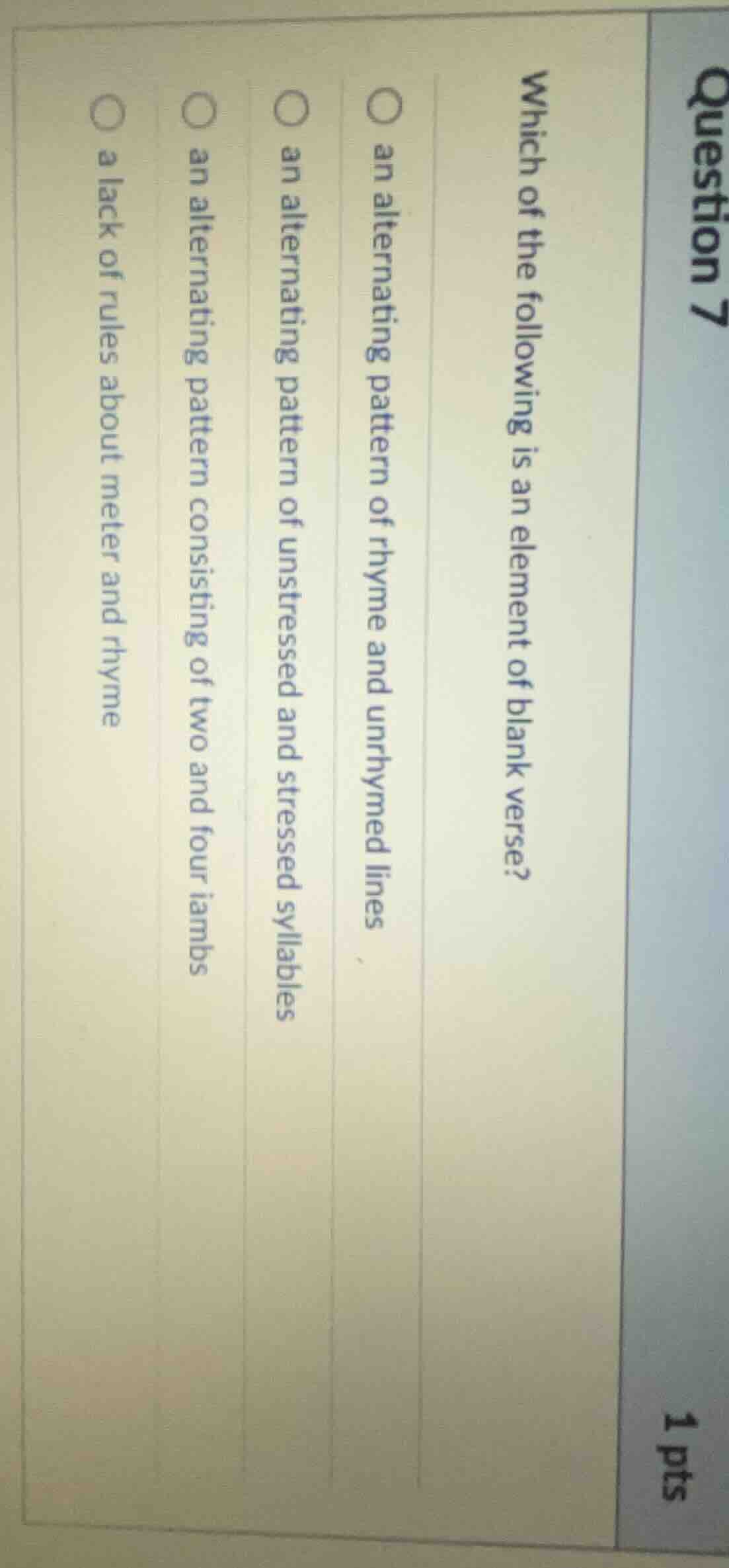 question 7 which of the following is an element of blank verse? - an al…