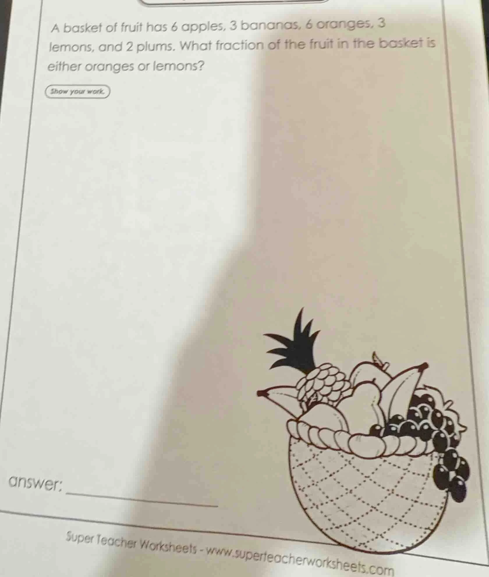 a basket of fruit has 6 apples, 3 bananas, 6 oranges, 3 lemons, and 2 p…