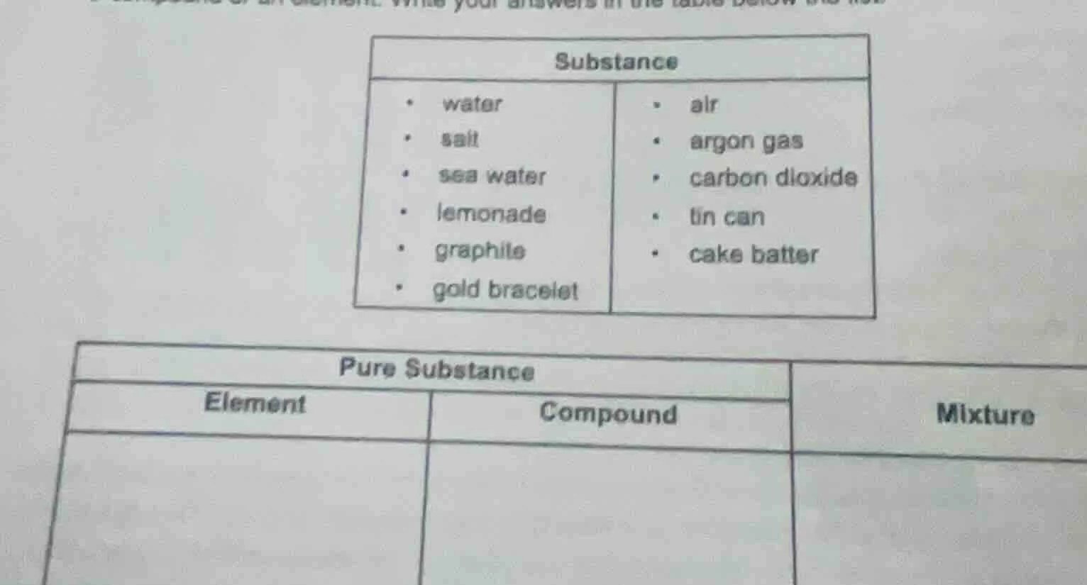substance - water - air - salt - argon gas - sea water - carbon dioxide…