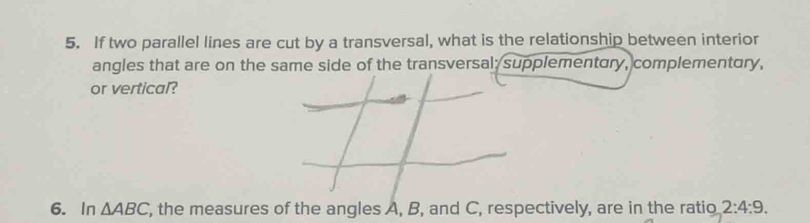 5. if two parallel lines are cut by a transversal, what is the relation…