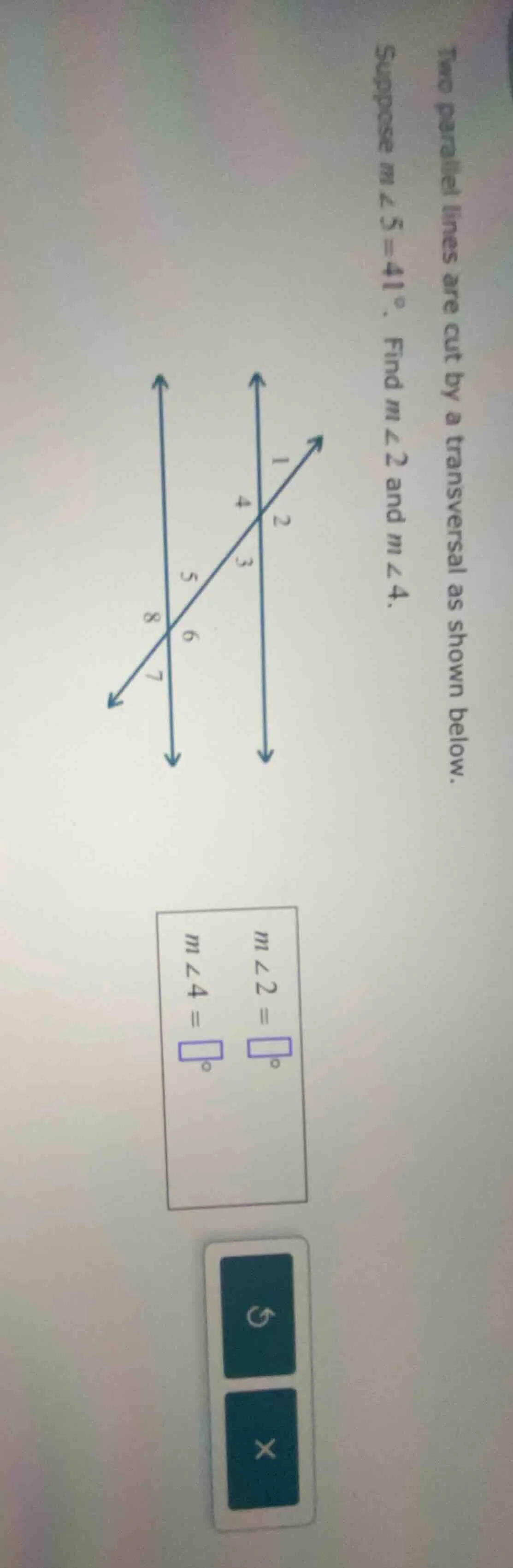 two parallel lines are cut by a transversal as shown below. suppose ( m…
