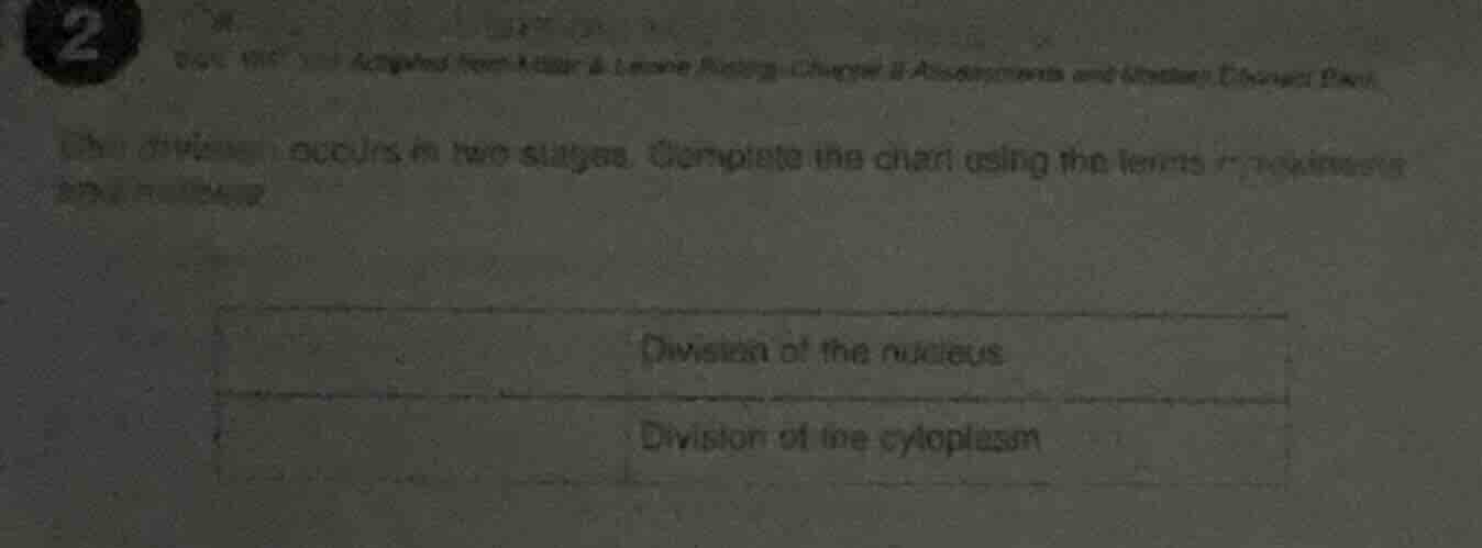 cell division occurs in two stages. complete the chart using the terms …