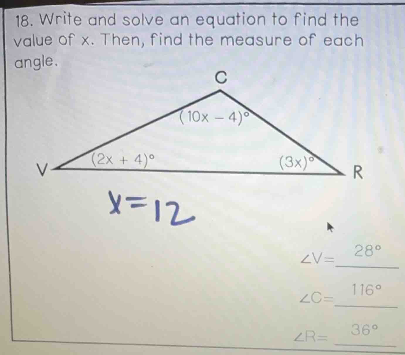 18. write and solve an equation to find the value of x. then, find the …