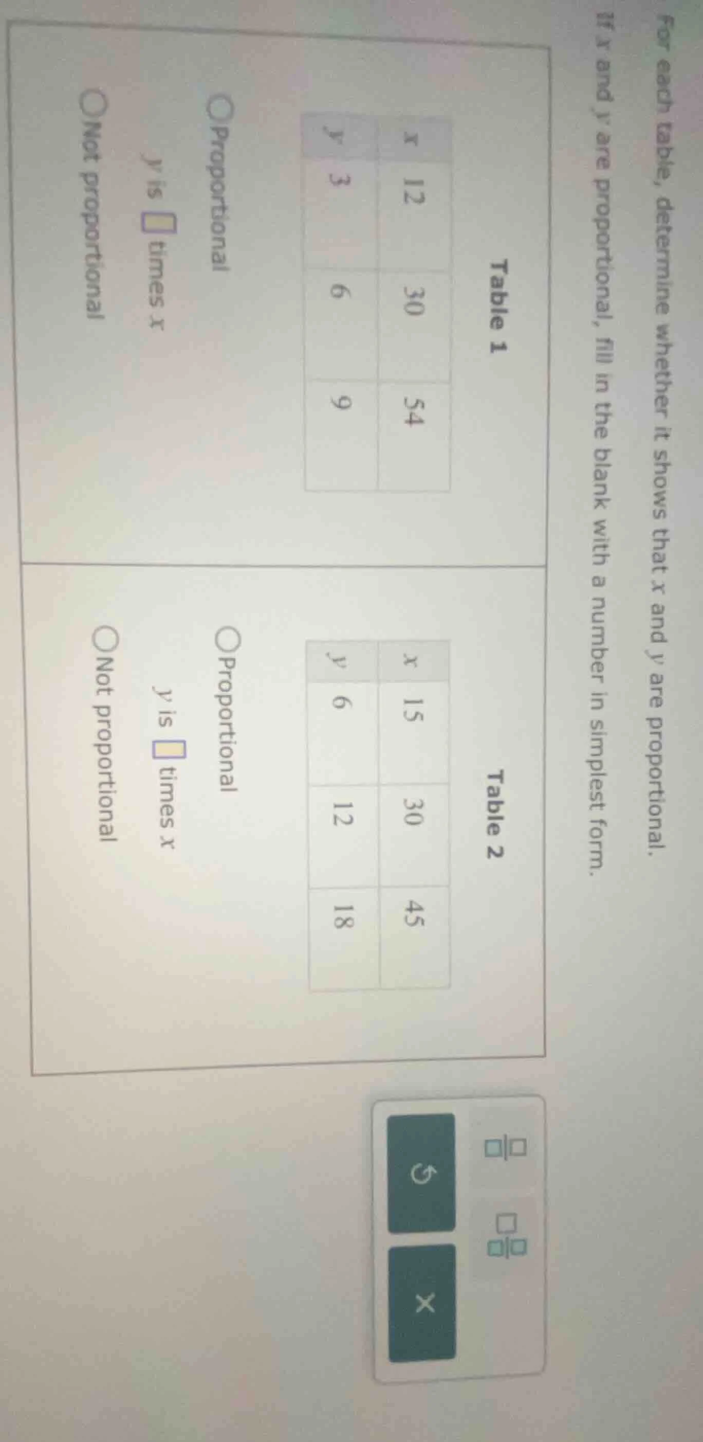 for each table, determine whether it shows that x and y are proportiona…