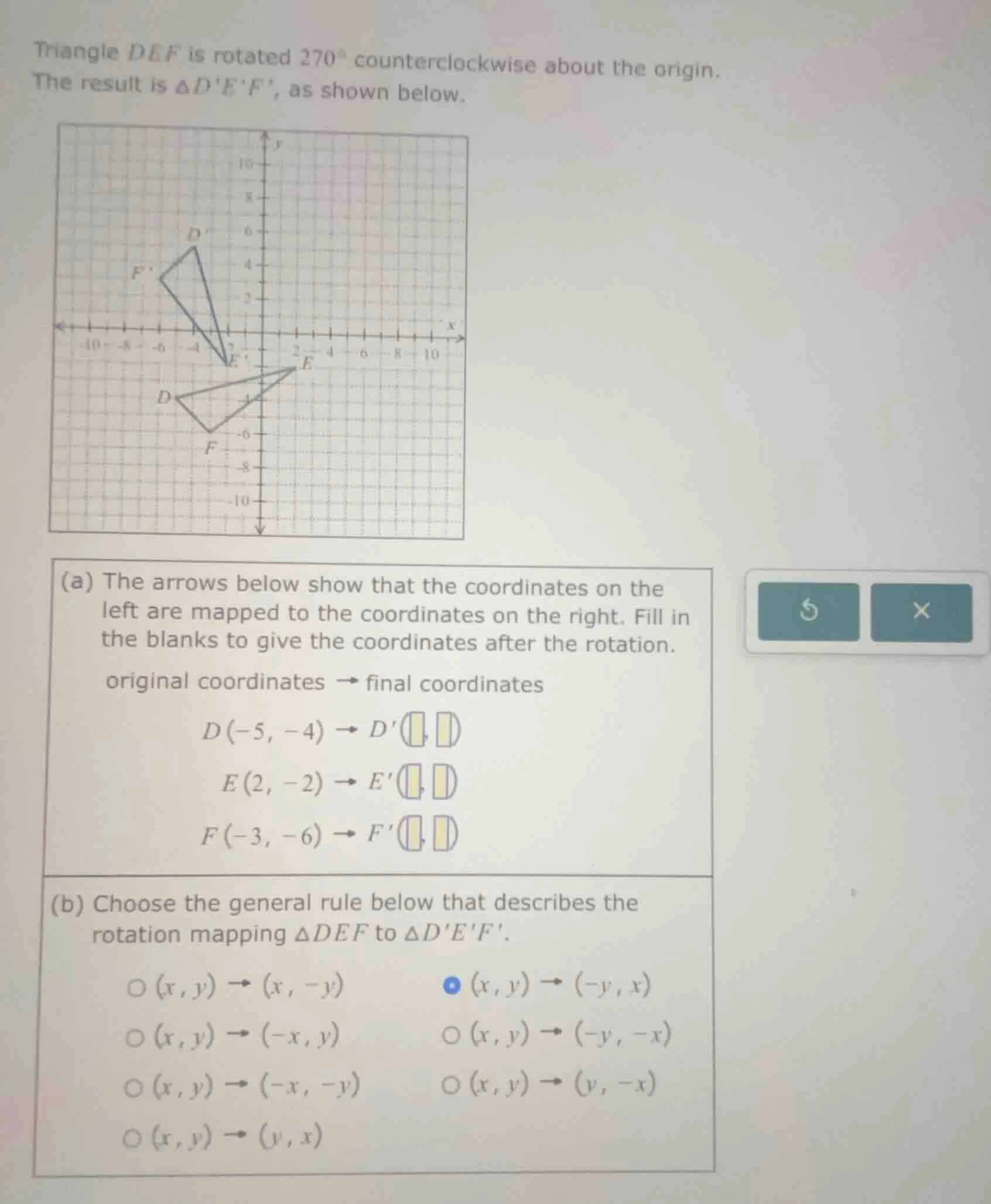 triangle def is rotated (270^circ) counterclockwise about the origin. t…