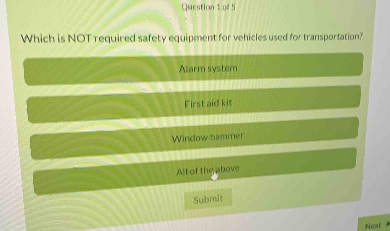 question 1 of 5 which is not required safety equipment for vehicles use…