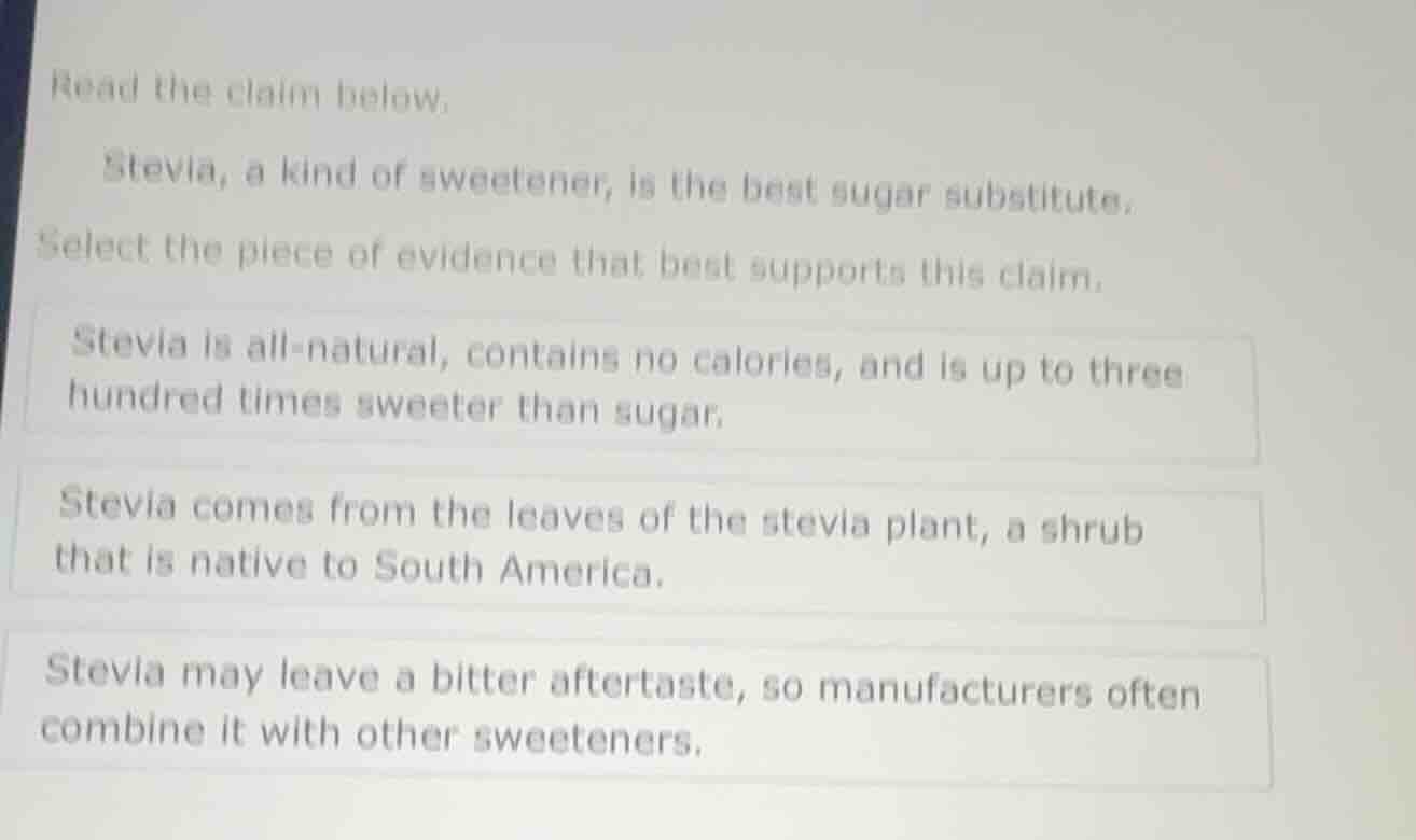 read the claim below. stevia, a kind of sweetener, is the best sugar su…