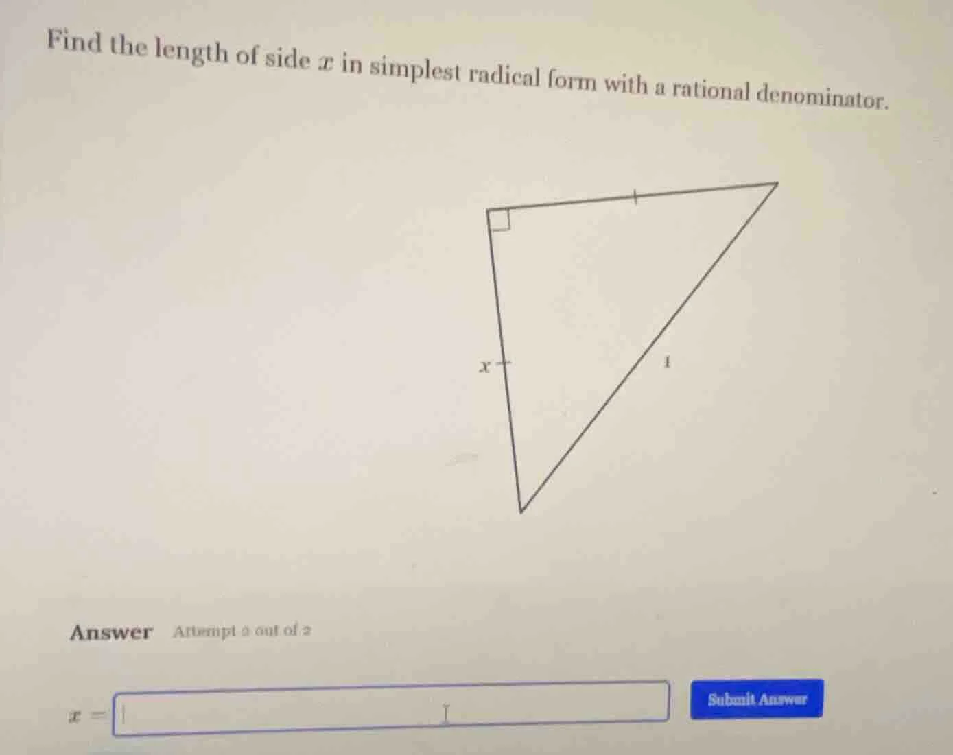 find the length of side ( x ) in simplest radical form with a rational …