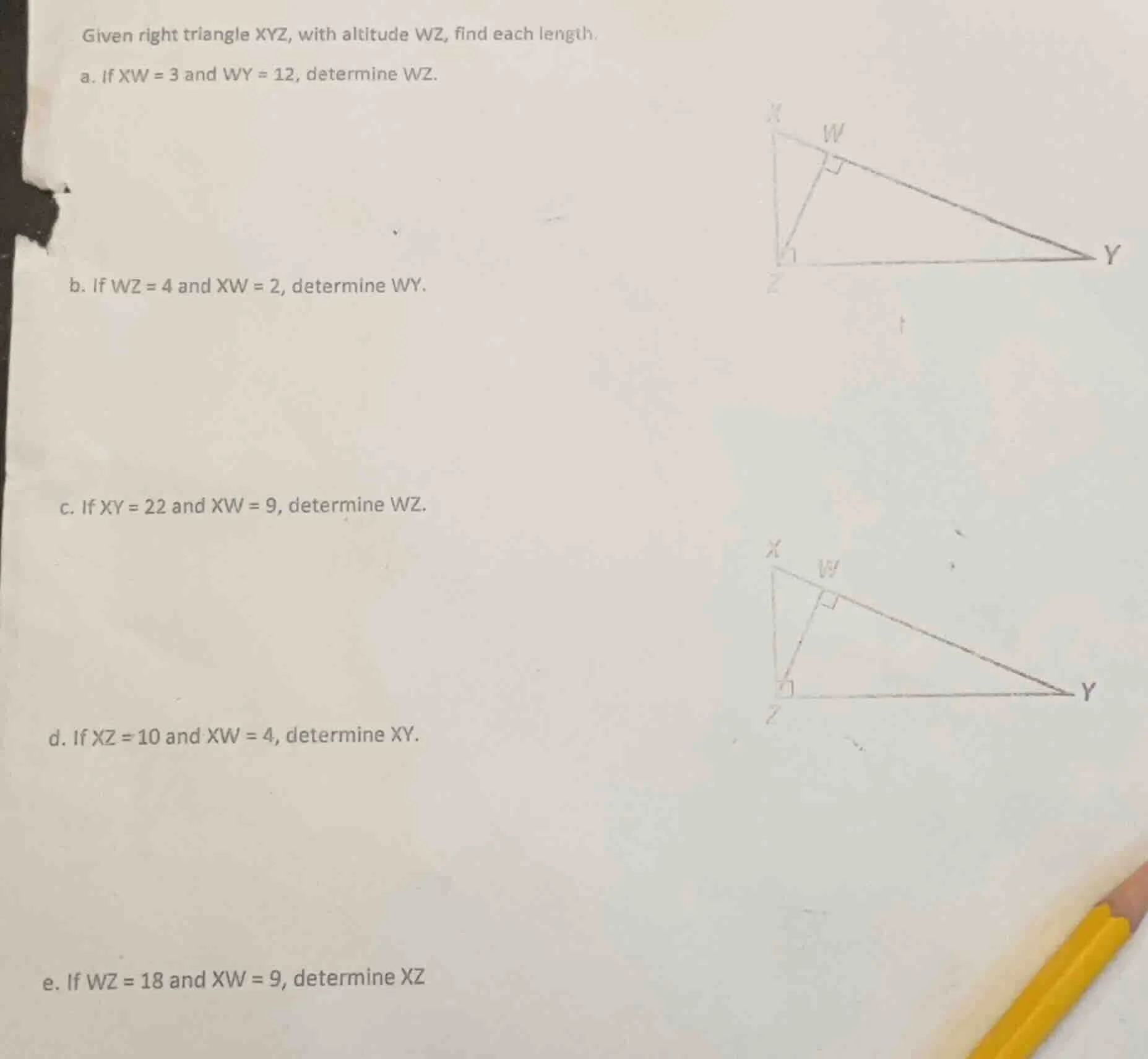 given right triangle xyz, with altitude wz, find each length. a. if xw …