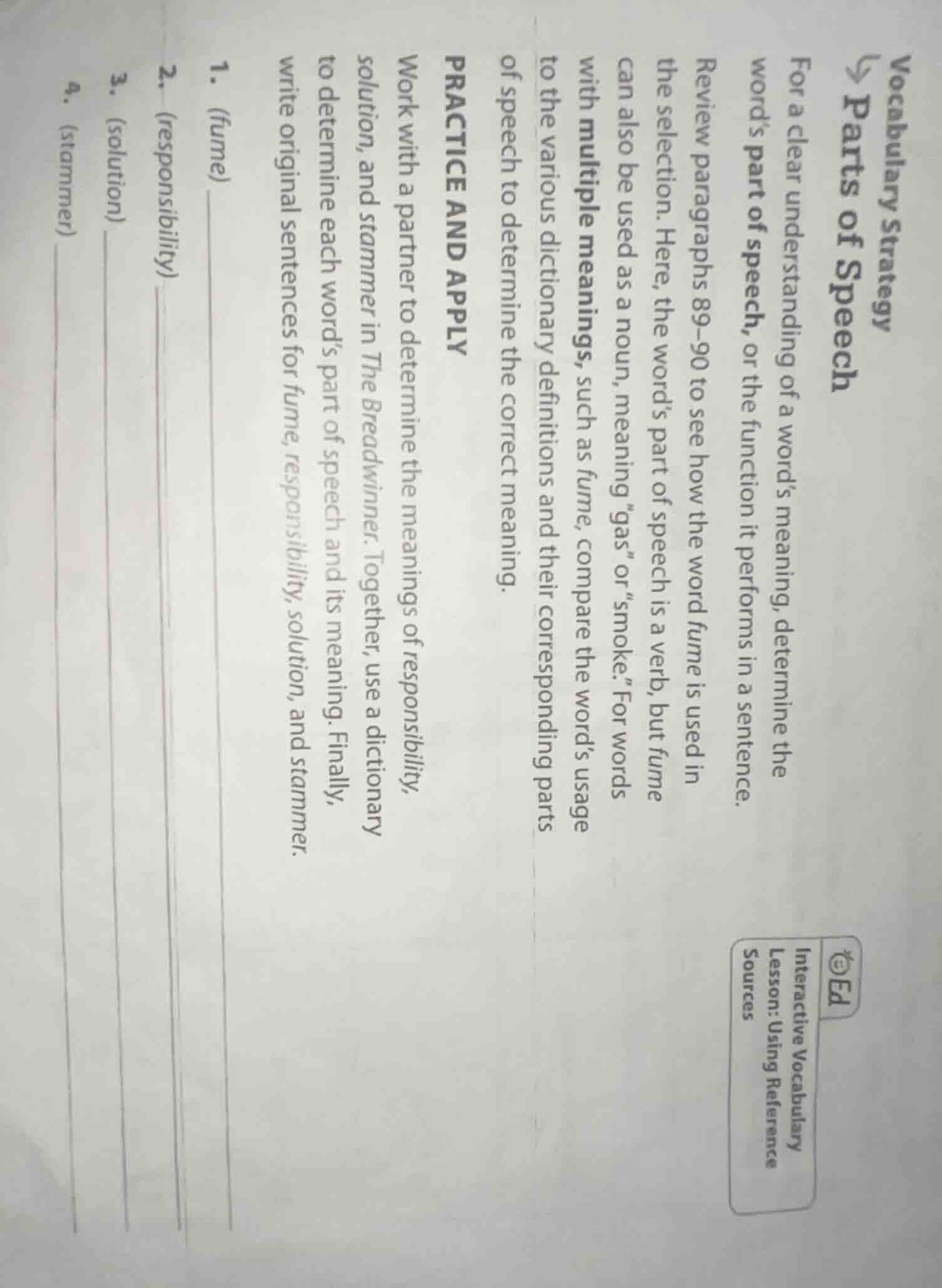 vocabulary strategy → parts of speech for a clear understanding of a wo…