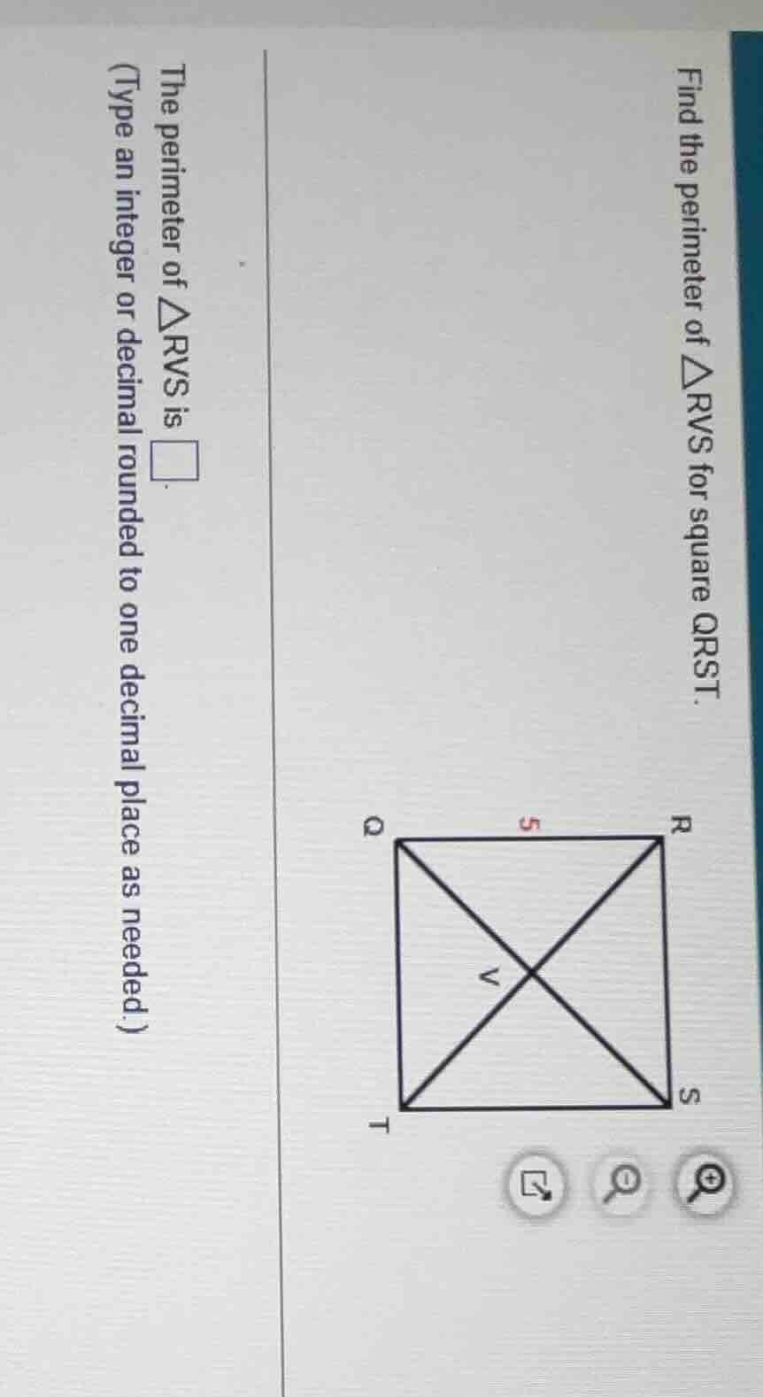 find the perimeter of $\\triangle rvs$ for square qrst. the perimeter o…