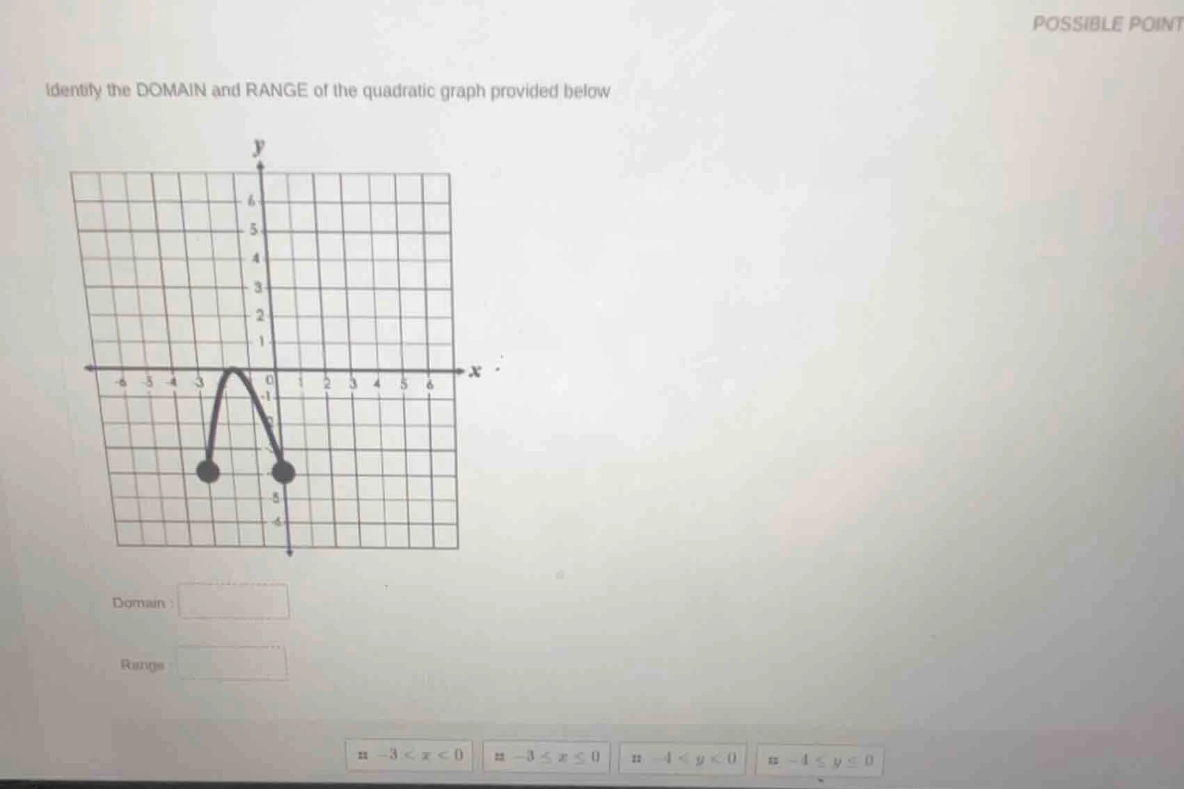 identify the domain and range of the quadratic graph provided below. op…