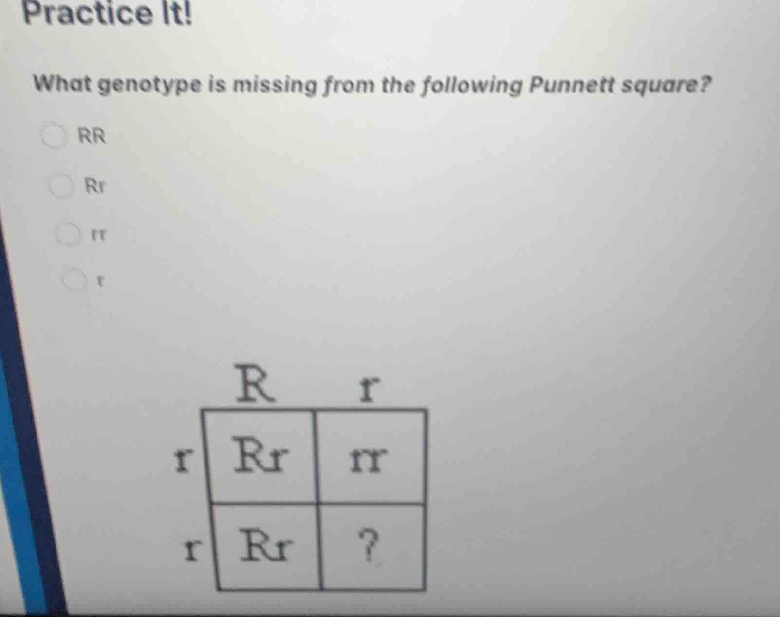 practice it! what genotype is missing from the following punnett square…