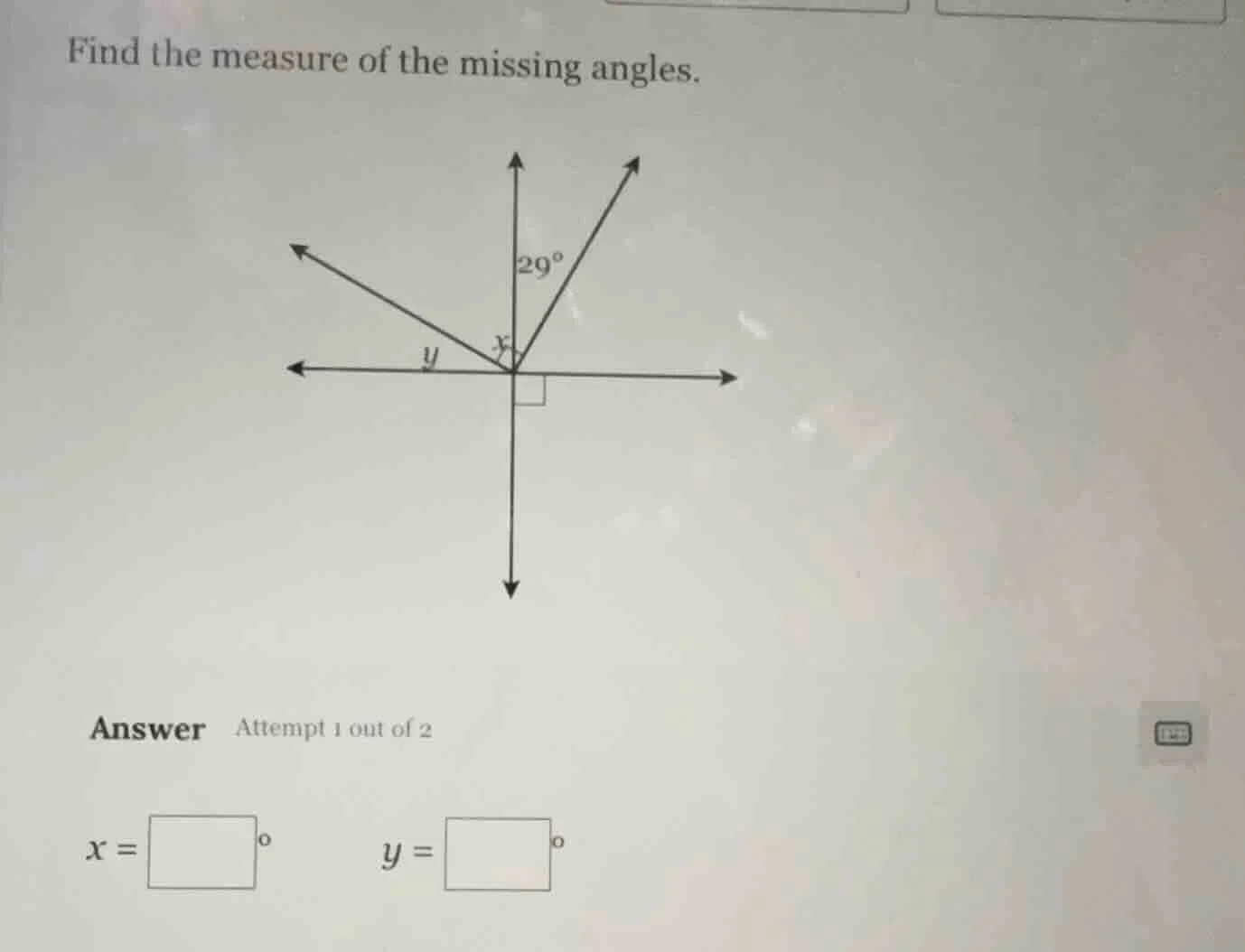 find the measure of the missing angles. answer attempt 1 out of 2 x = \…