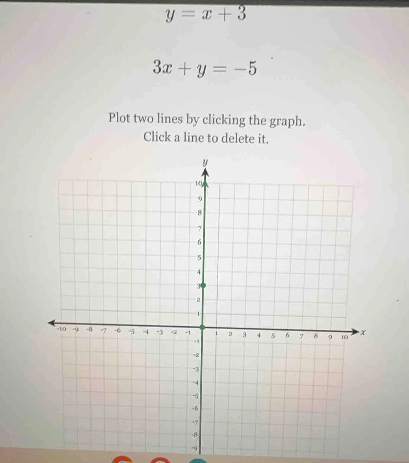 y = x + 3\ 3x + y = -5\ plot two lines by clicking the graph.\ click a …