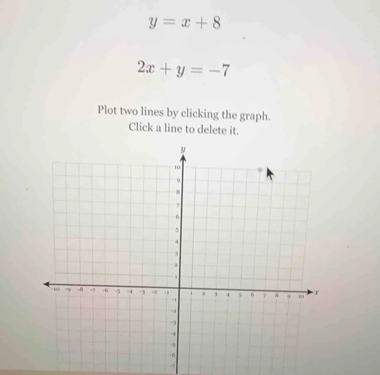 y = x + 8\ 2x + y = -7\ plot two lines by clicking the graph.\ click a …
