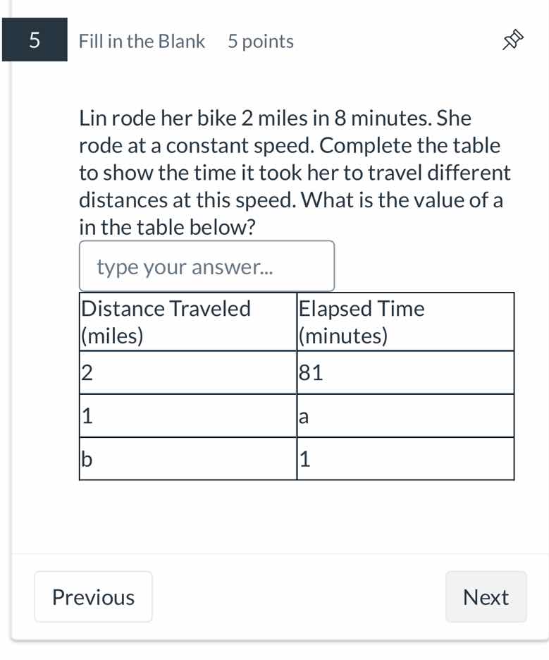 lin rode her bike 2 miles in 8 minutes. she rode at a constant speed. c…
