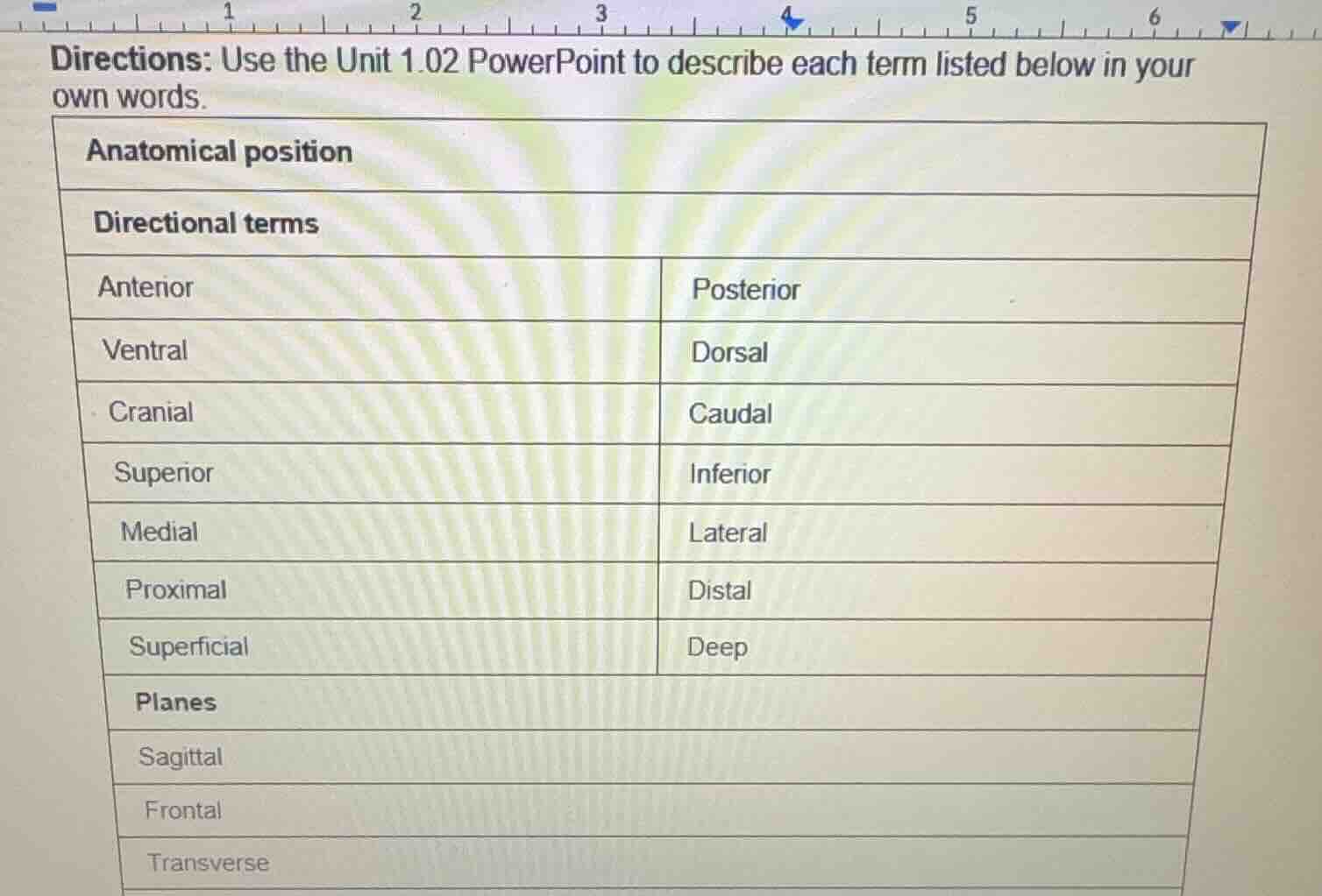 directions: use the unit 1.02 powerpoint to describe each term listed b…