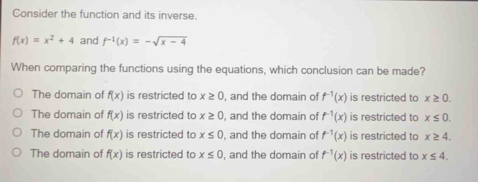 consider the function and its inverse. $f(x) = x^2 + 4$ and $f^{-1}(x) …