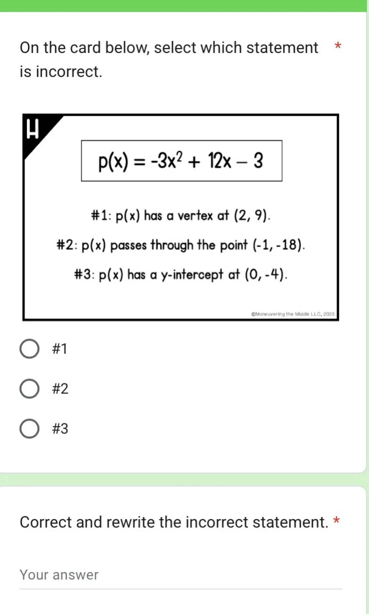 on the card below, select which statement is incorrect. p(x) = -3x² + 1…