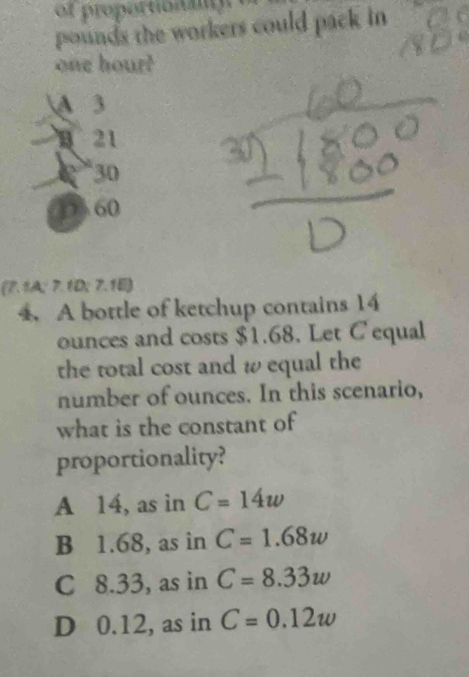 4. a bottle of ketchup contains 14 ounces and costs $1.68. let c equal …