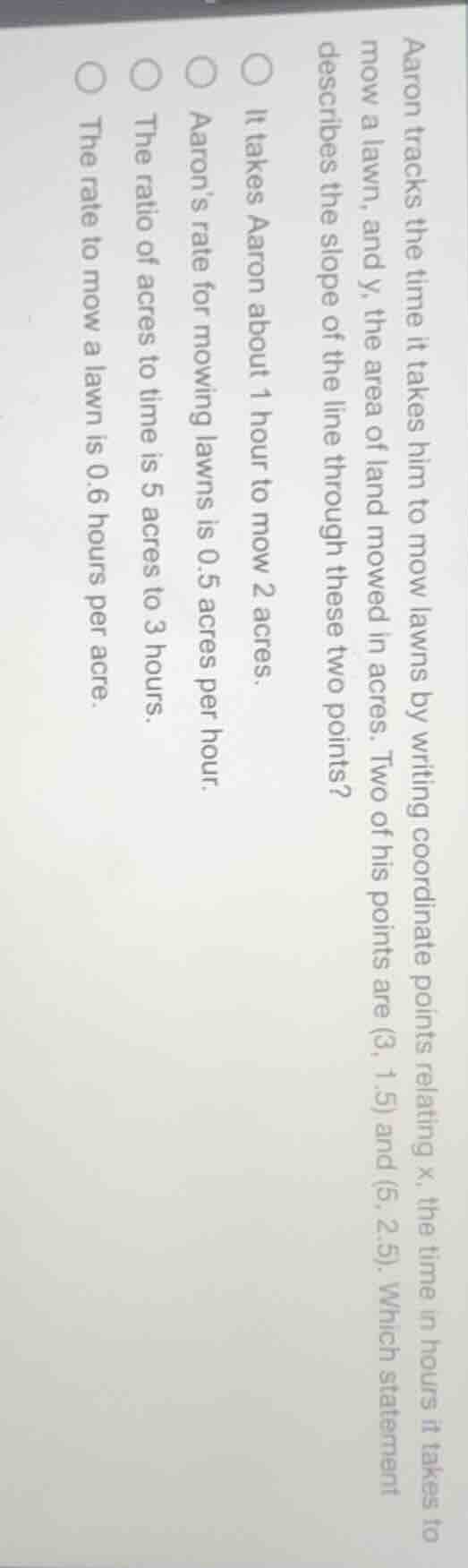 aaron tracks the time it takes him to mow lawns by writing coordinate p…