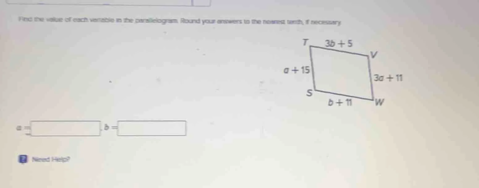 find the value of each variable in the parallelogram. round your answer…