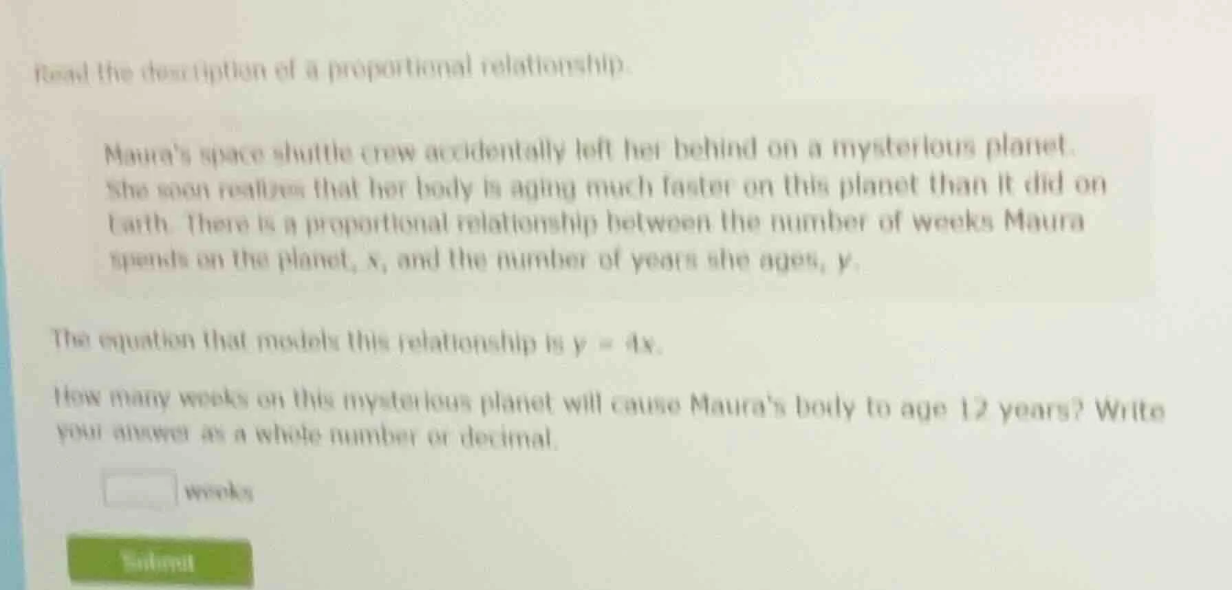 read the description of a proportional relationship. maura’s space shut…