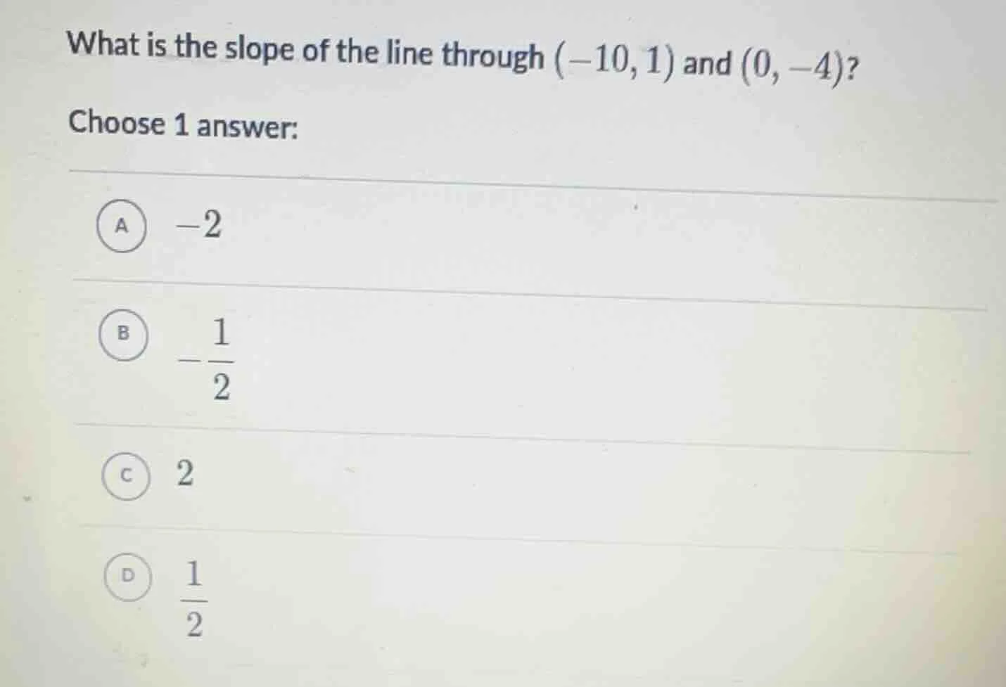 what is the slope of the line through $(-10, 1)$ and $(0, -4)$? choose …