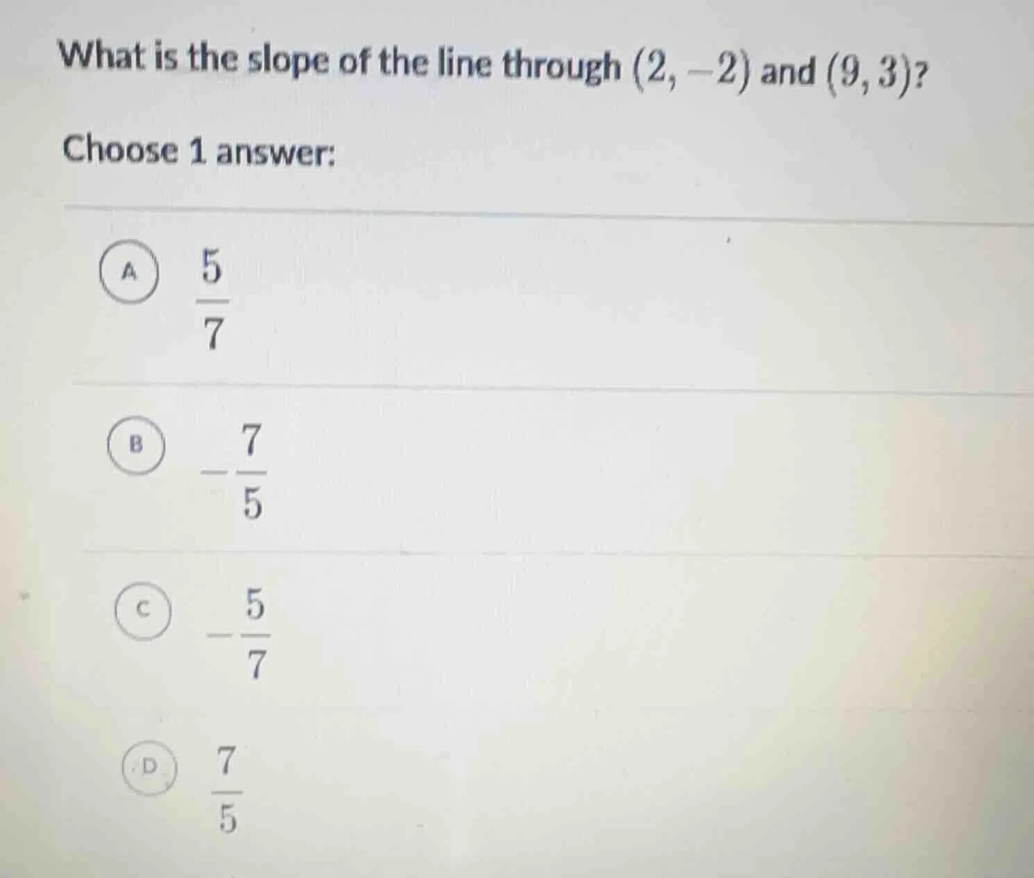 what is the slope of the line through (2, -2) and (9, 3)? choose 1 answ…