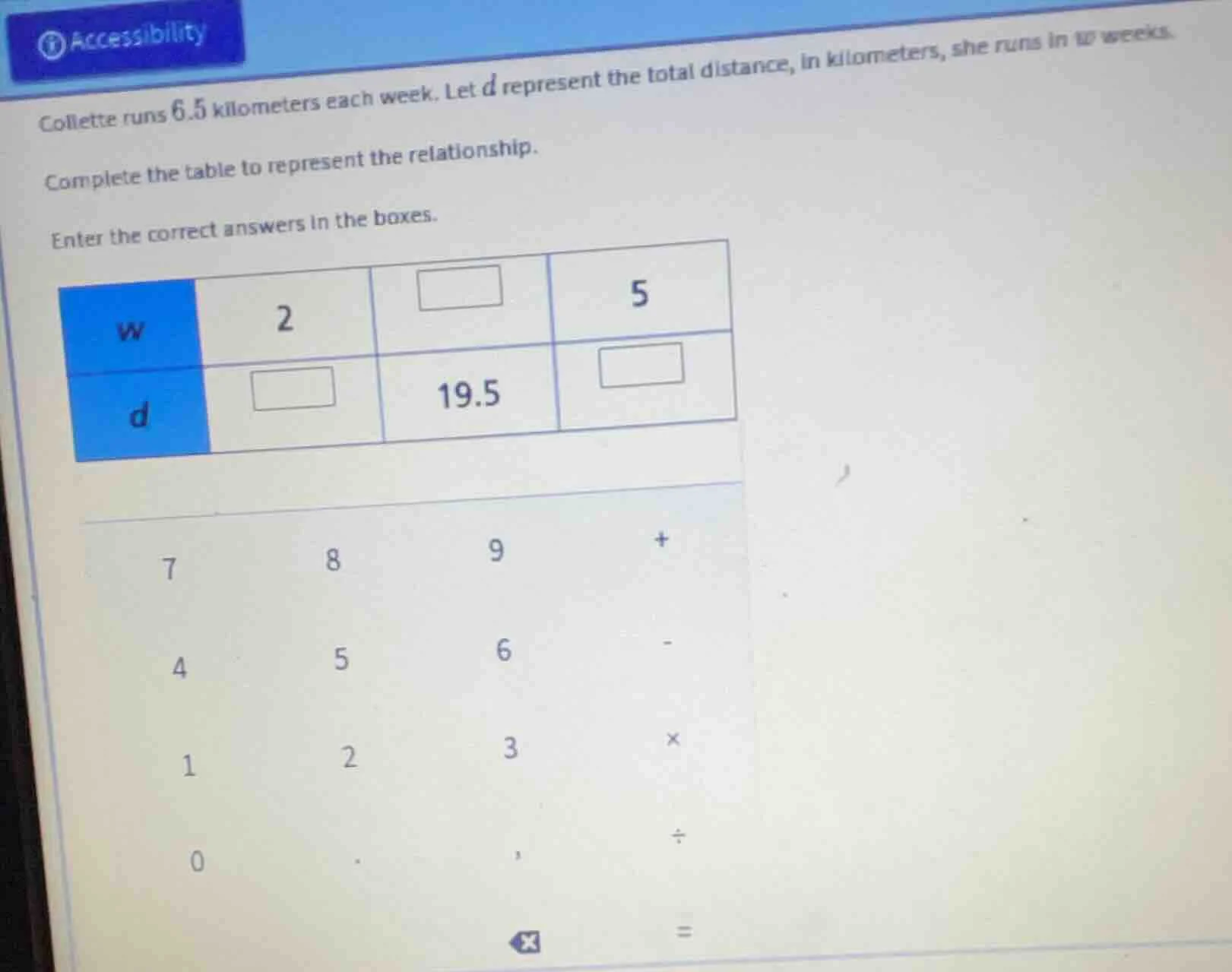 collette runs 6.5 kilometers each week. let ( d ) represent the total d…