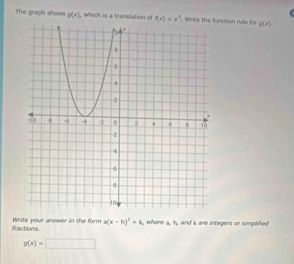 the graph shows ( g(x) ), which is a translation of ( f(x) = x^2 ). wri…