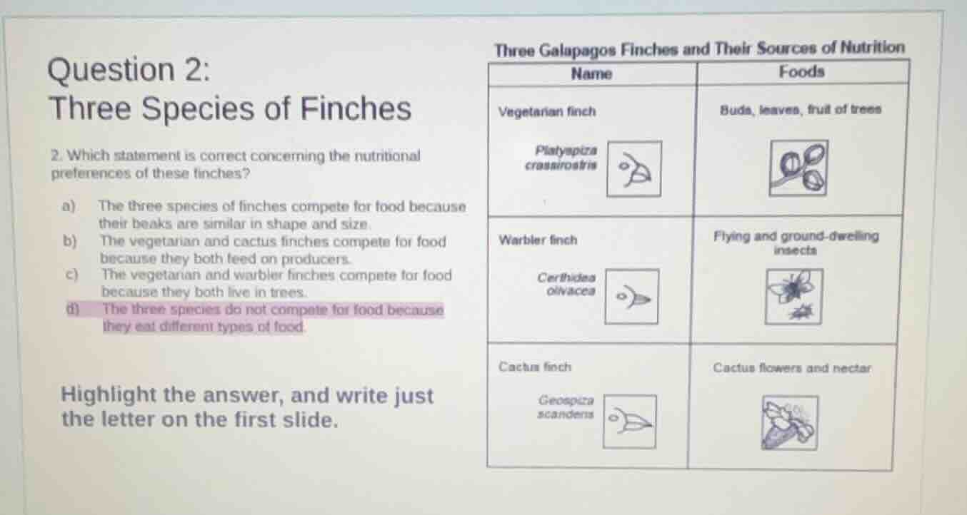 question 2: three species of finches 2. which statement is correct conc…