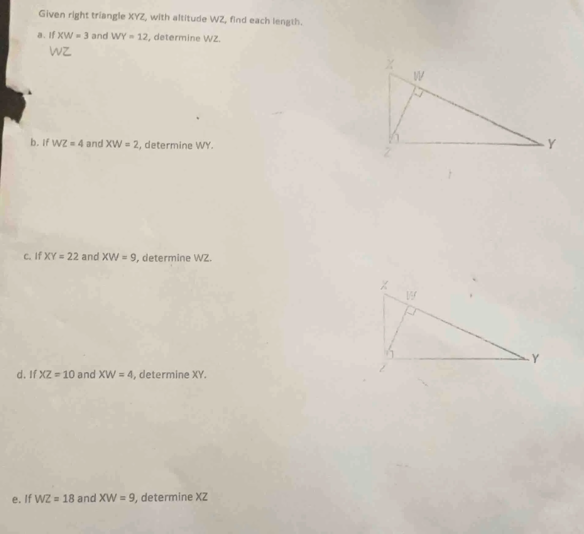 given right triangle xyz, with altitude wz, find each length. a. if xw …