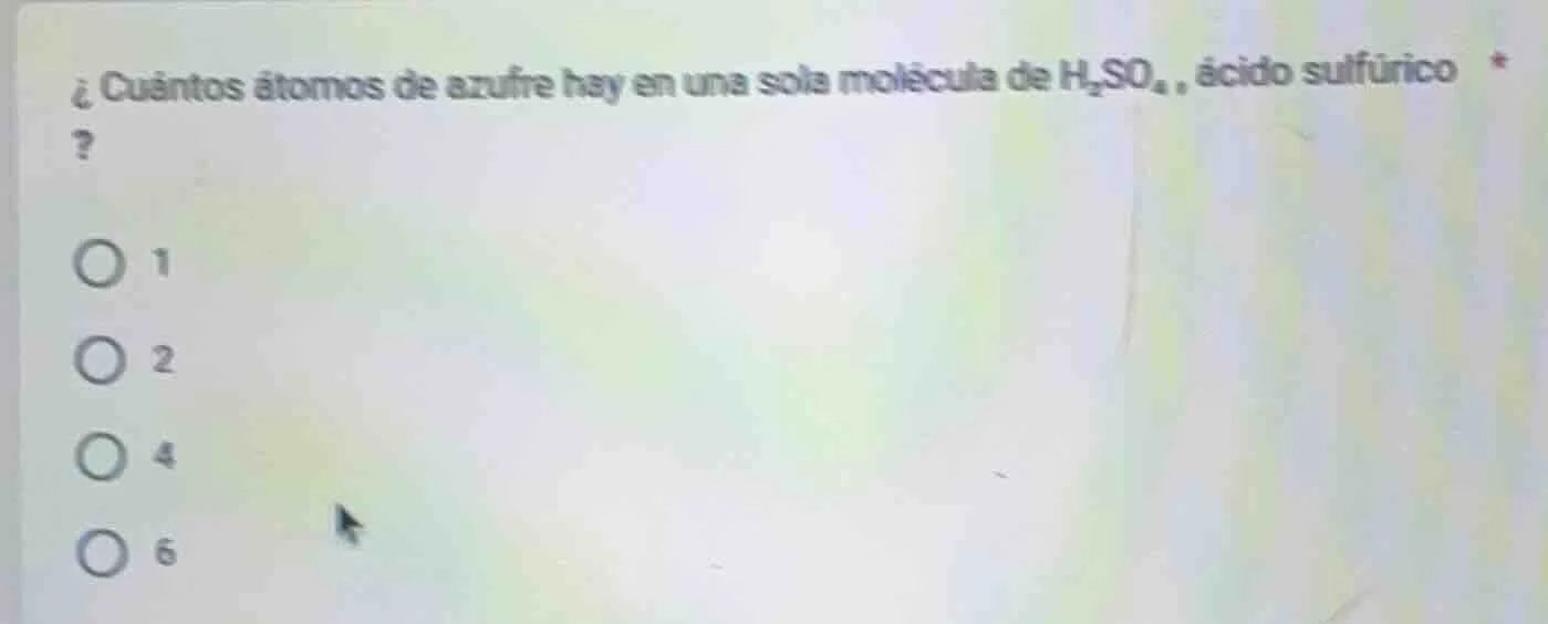 ¿ cuántos átomos de azufre hay en una sola molécula de $\\ce{h_{2}so_{4…