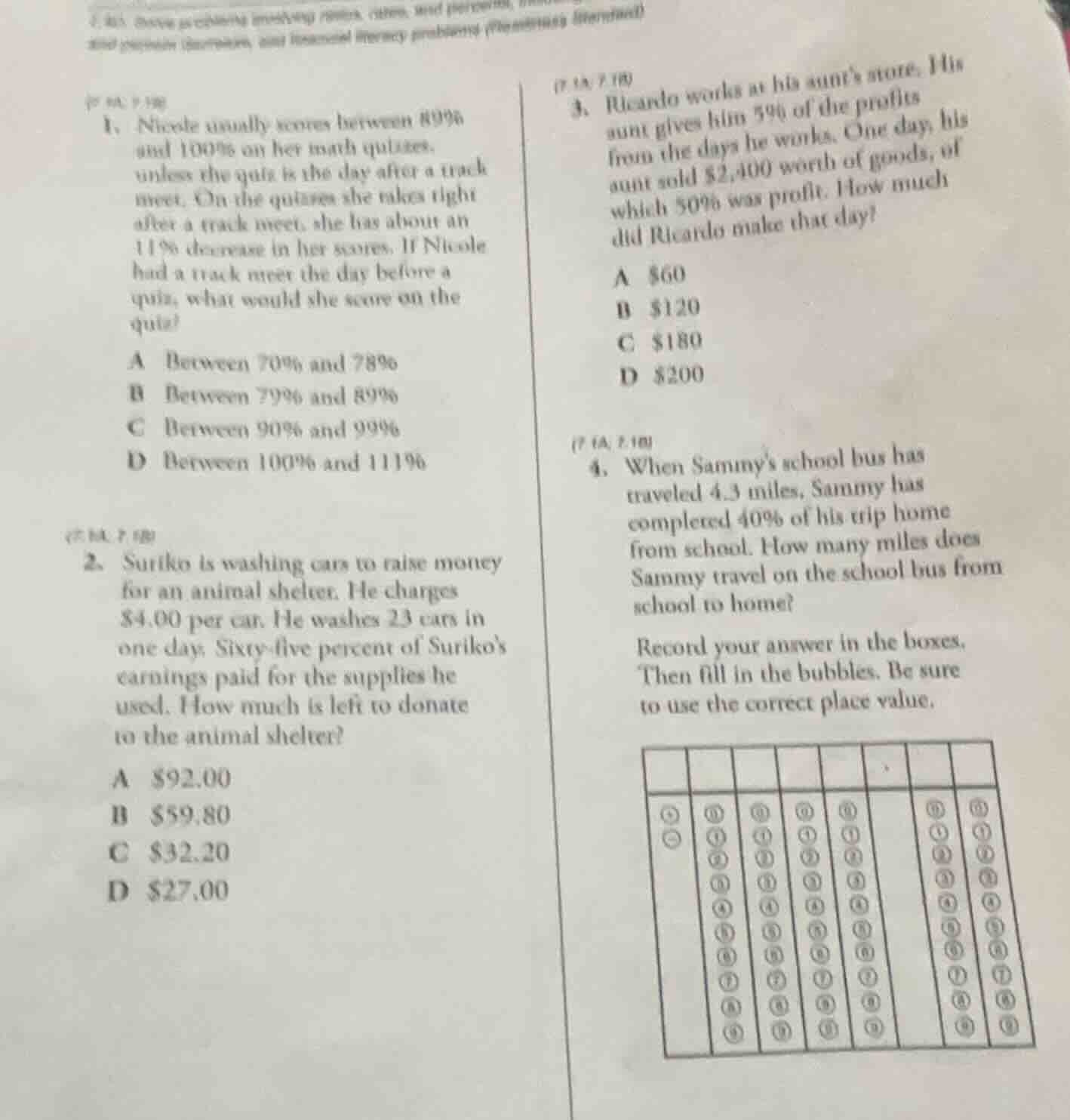 1. nicole usually scores between 89% and 100% on her math quizzes, unle…