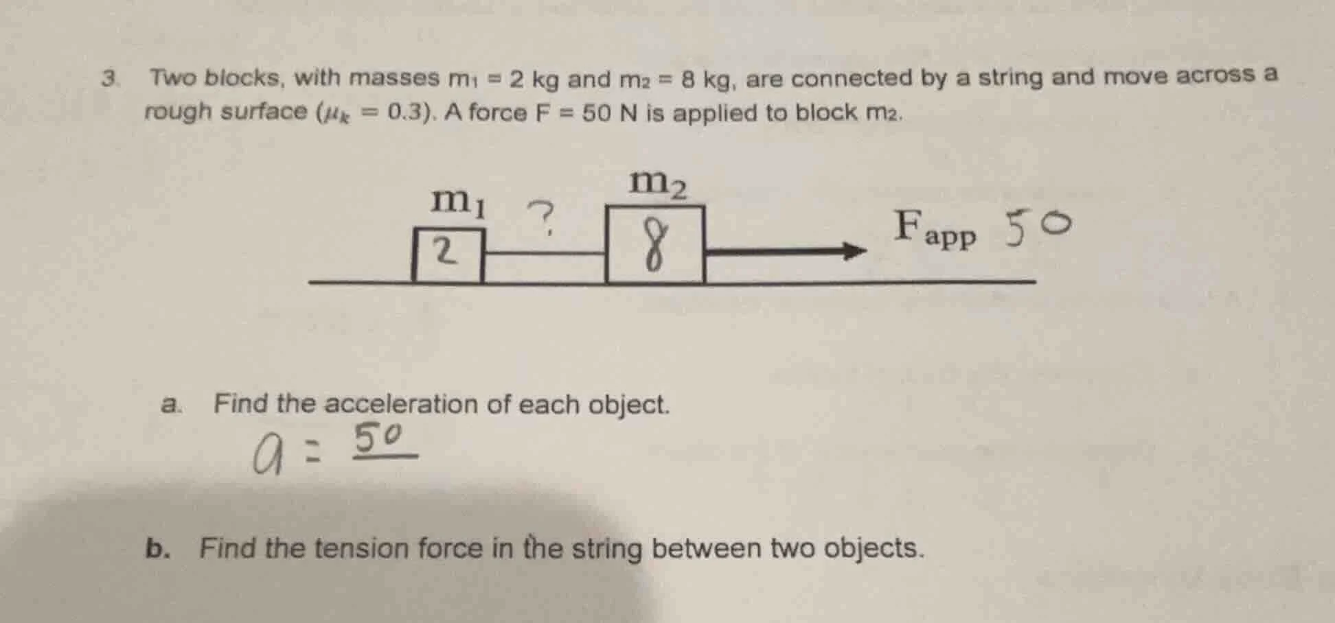 3. two blocks, with masses ( m_1 = 2 ) kg and ( m_2 = 8 ) kg, are conne…