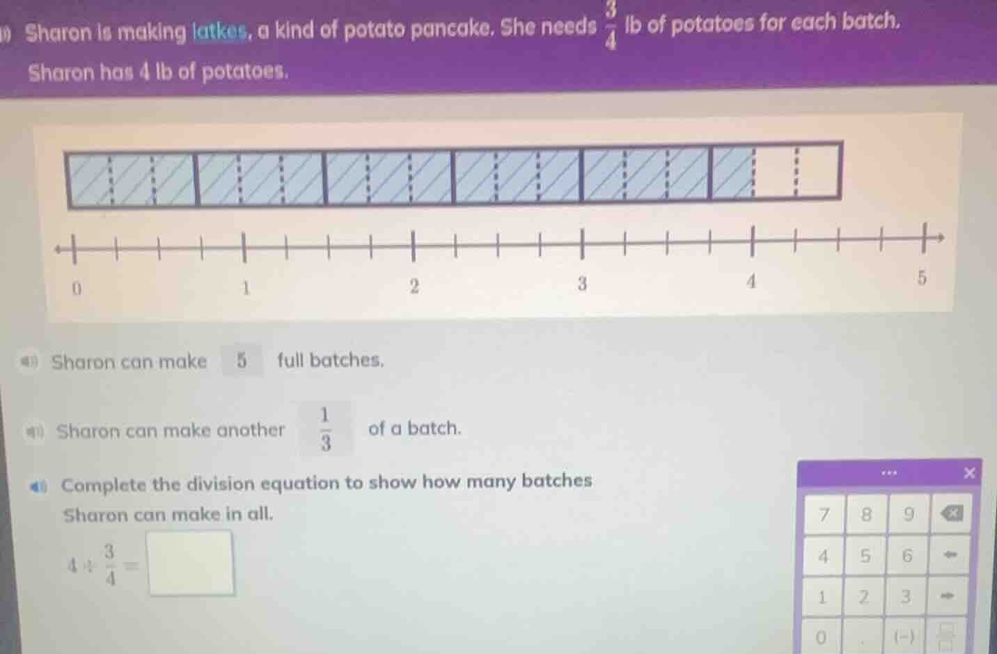 sharon is making latkes, a kind of potato pancake. she needs \\(\\frac{…